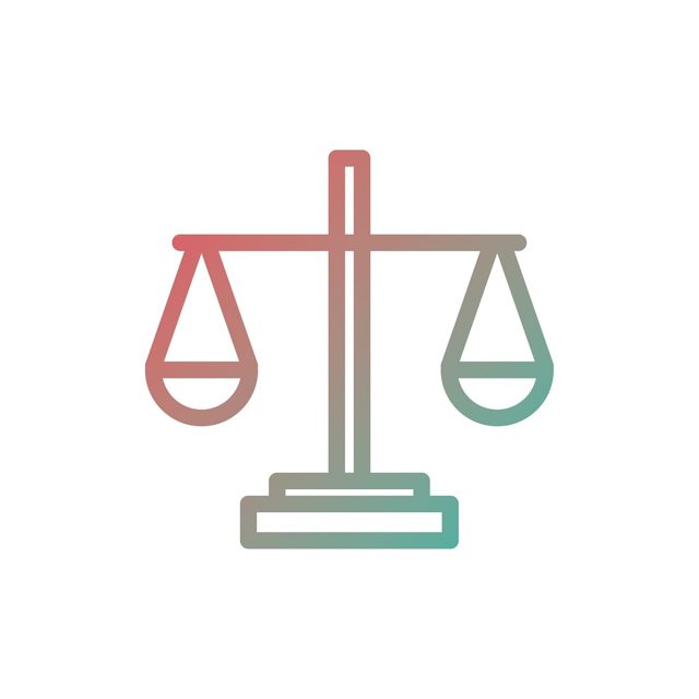 흰색 배경에 저울 그림이 그려져 있으며, 저울의 왼쪽은 분홍색, 오른쪽은 녹색으로 채색되어 있습니다. 저울은 균형을 이루고 있으며 수직 막대 위에 수평 막대가 있고 양쪽에 쟁반 모양의 추들이 매달려 있습니다. 그림 